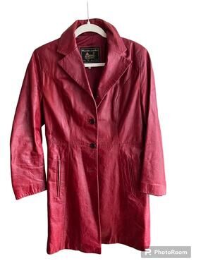 Red Leather Vintage Trench Coat - Size Small